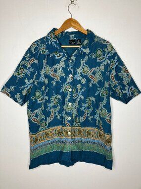 Erika Woman 3X Plus Size Teal Floral Paisley Linen Blend Button Up Blouse Top